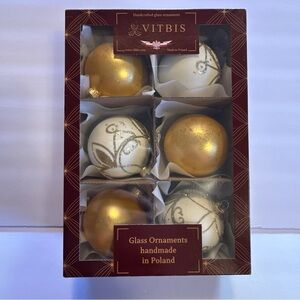 Vitbis Set of 6 Glass Gold and White Ornaments Made in Poland NIB